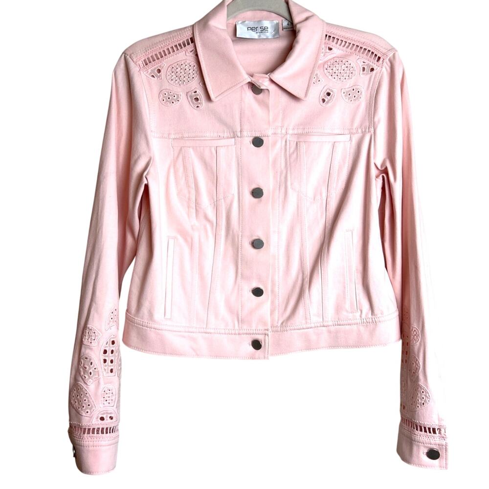 Per Se By Carlisle Womens 2/4 Pink Denim Cutout Western Pant Jean Jacket Set NEW